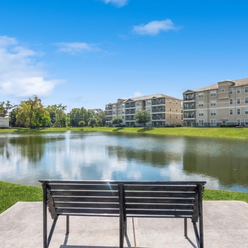 a bench in front of a pond with a building in the background