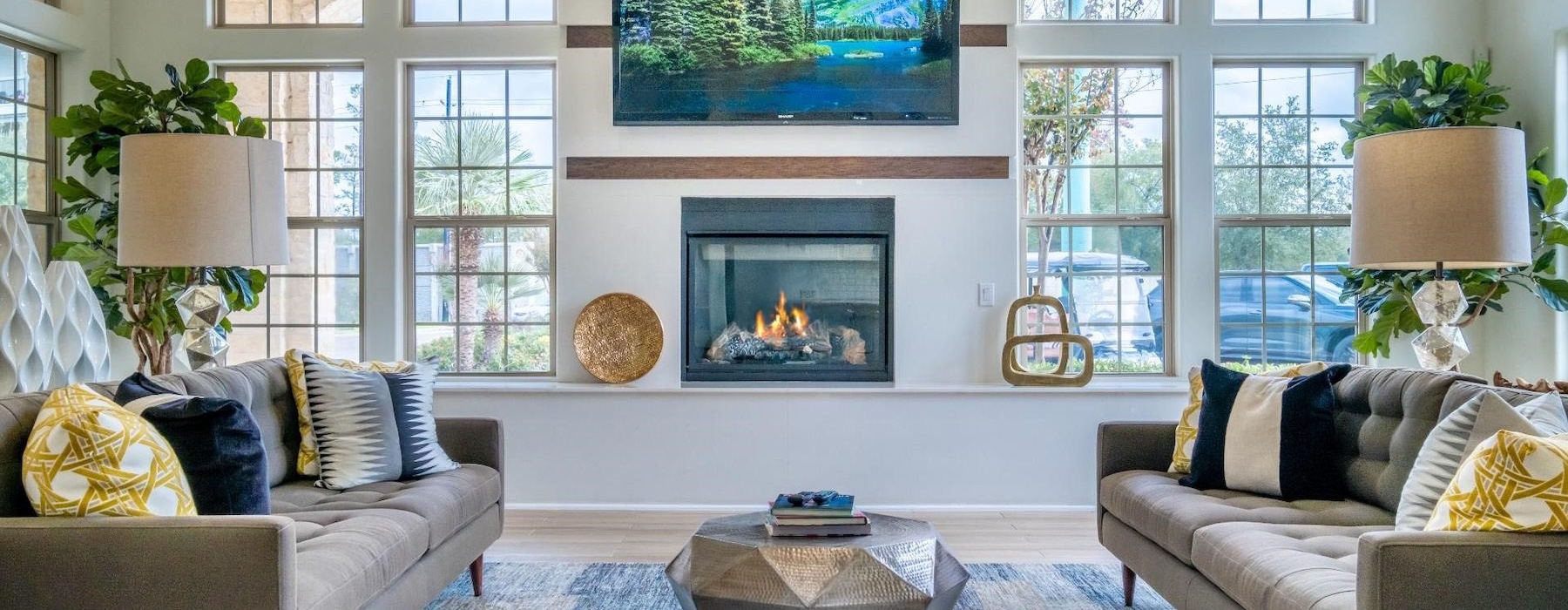 a spacious room with a large painting