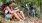 a man and woman sitting on the ground with bicycles in the background